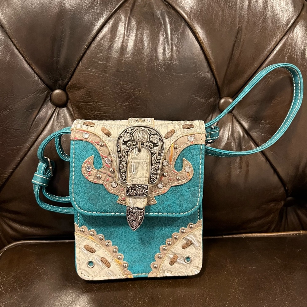 Crossbody purse turquoise/white/taupe